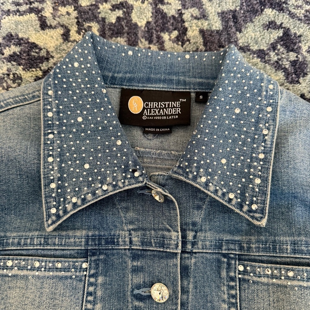 Y2K Christine Alexander Bedazzled Cropped Medium Wash Denim Jacket Size Small - Picture 6 of 7